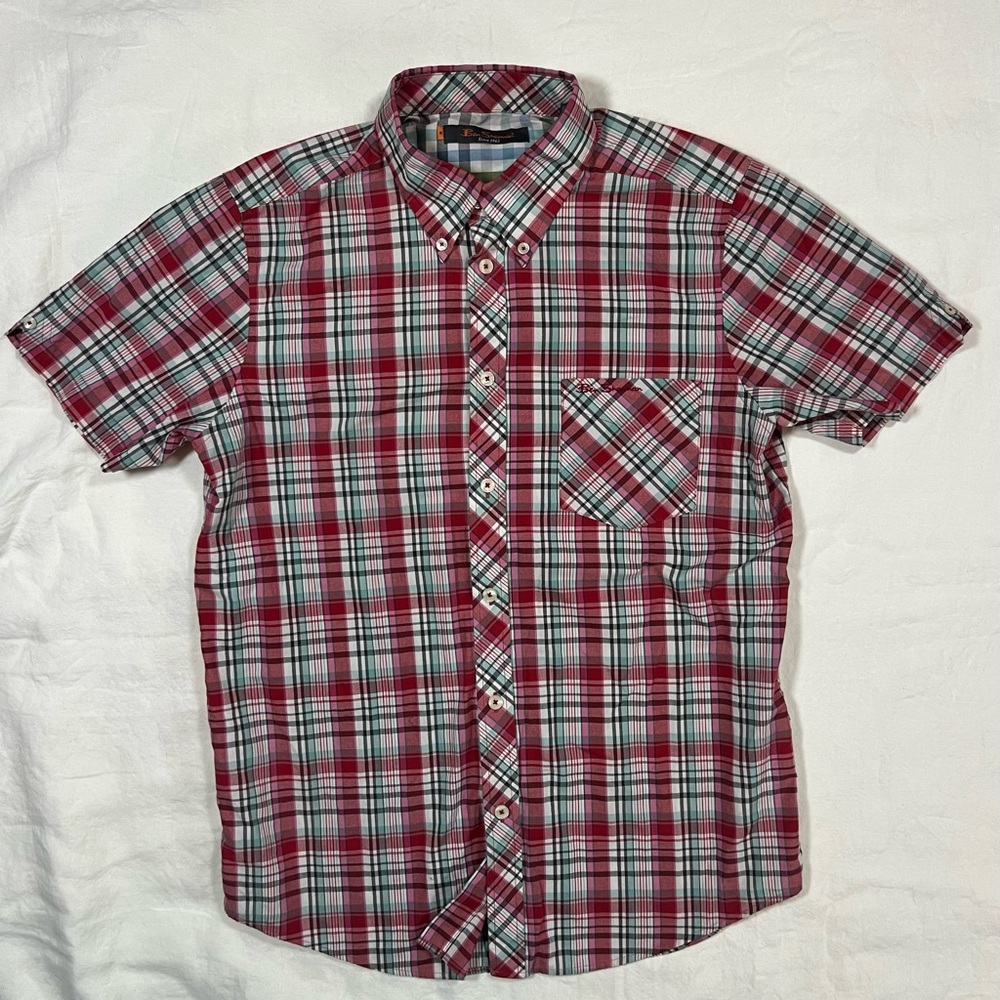 Ben Sherman Plaid Short Sleeve Button Down Shirt Mens Medium Mod Fit